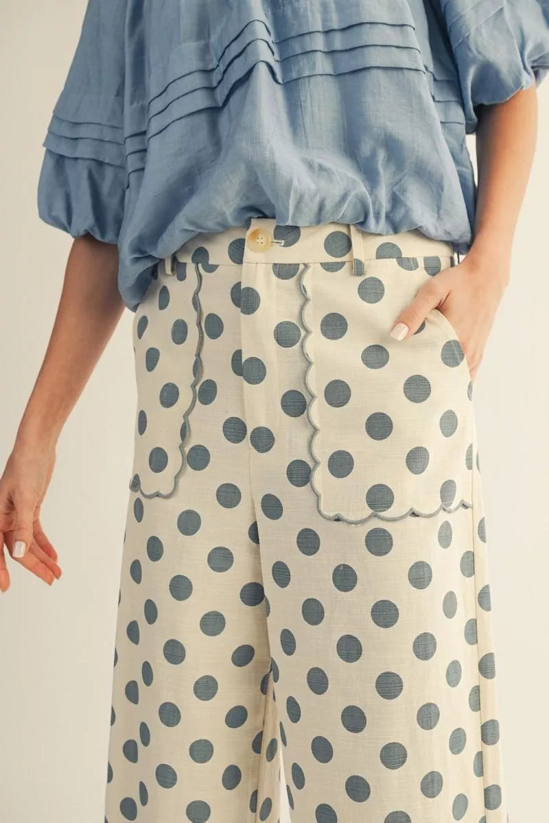 Denim Blue HW Wide Scallop Polka Dot Pants, available in sizes XS-XL. Relaxed fit, polka dot pattern, wide leg design.