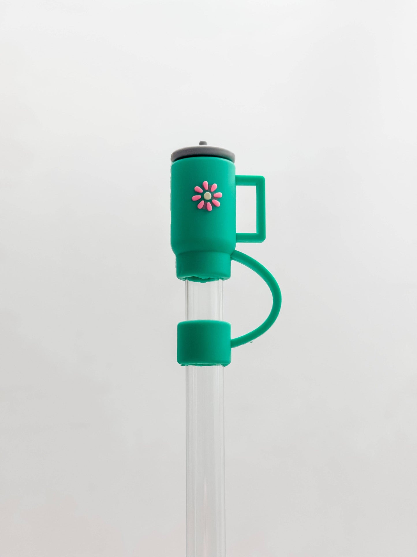 Straw Cover 10MM "Mint Cup": clear straw, green silicone flower topper, matching green ring. Available in 10MM size.
