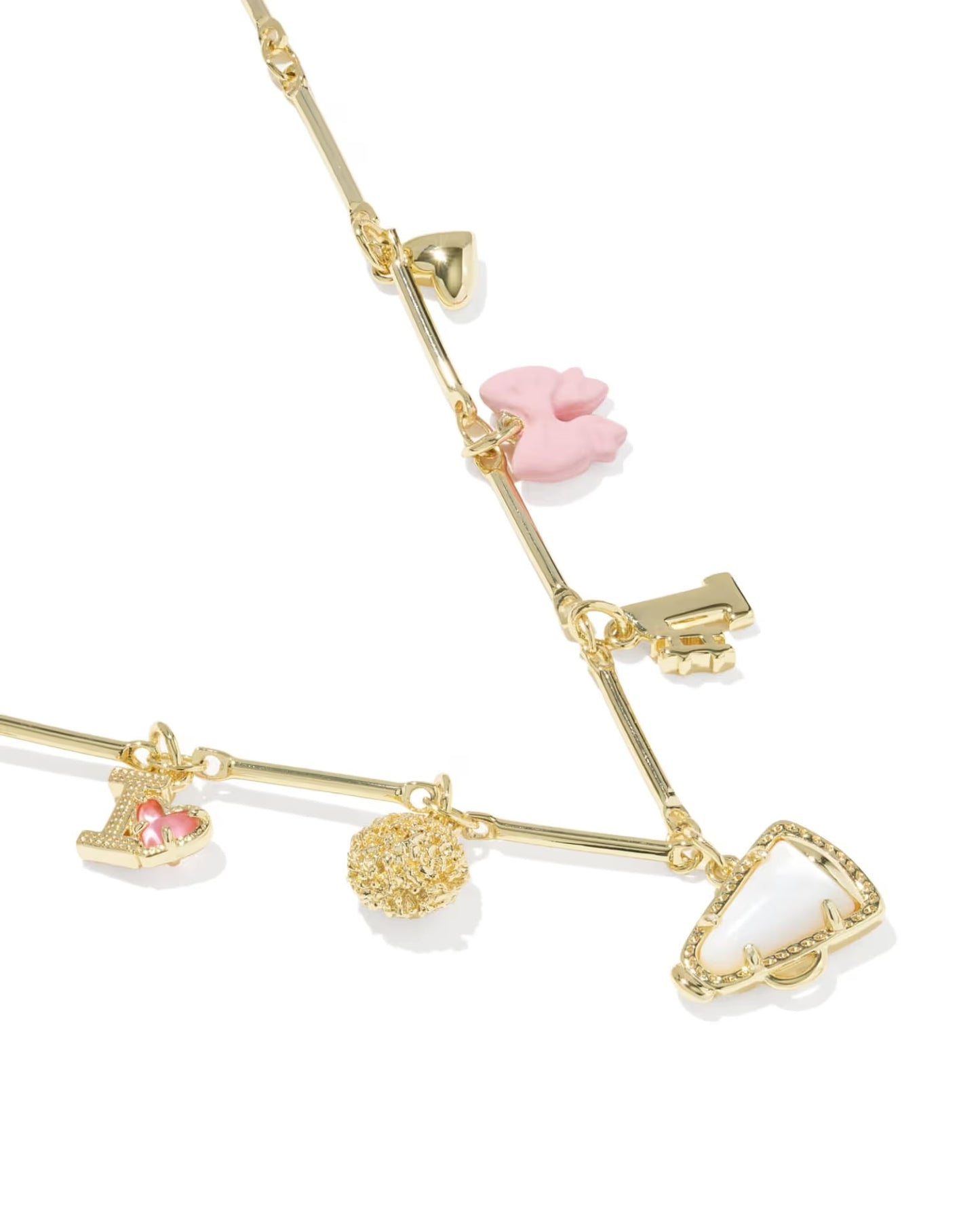 Cheer Charm Necklace with a gold chain and playful charms: pink bunny, gold heart, gold ball, and white heart. Available in 16", 18", and 20" lengths.