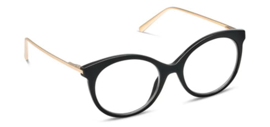 Peepers Margot - Black: Round black blue light glasses with gold arms, available in multiple sizes. Reduces digital eye strain.