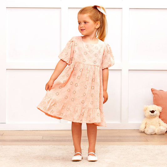 Eleanor Pink Eyelet Puff Sleeve Dress for Girls 0-6. Available in sizes 0-6 years. Pink, puff sleeves, eyelet details.