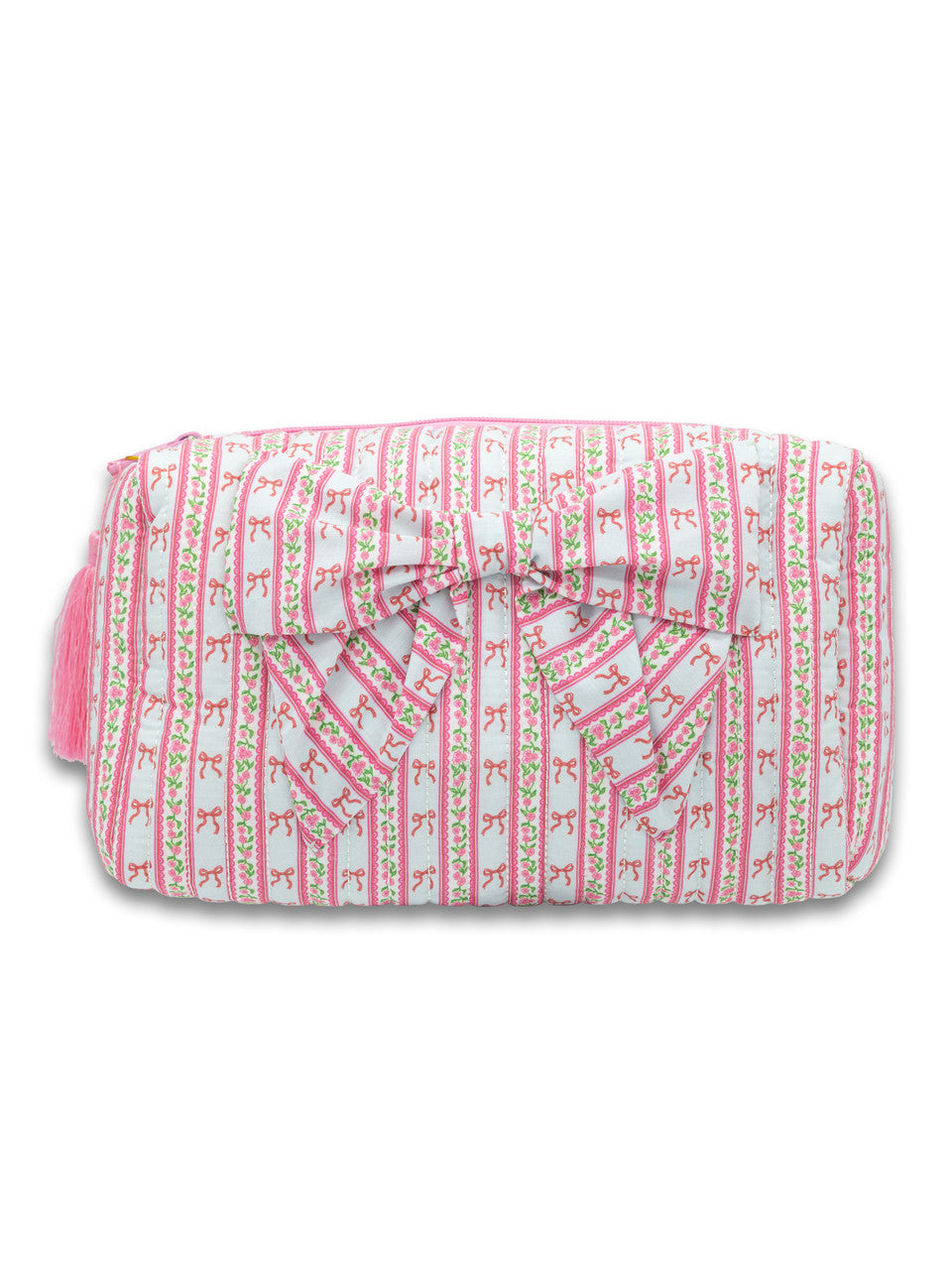 Rectangular makeup bag with pink and green floral stripes, large front bow, pink side tassel. Available in one size.