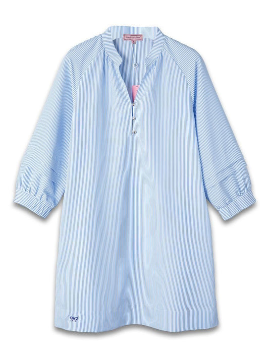 Light blue and white striped seersucker dress with 3/4 raglan sleeves, split V-neck, buttons. Sizes: XS–XL.