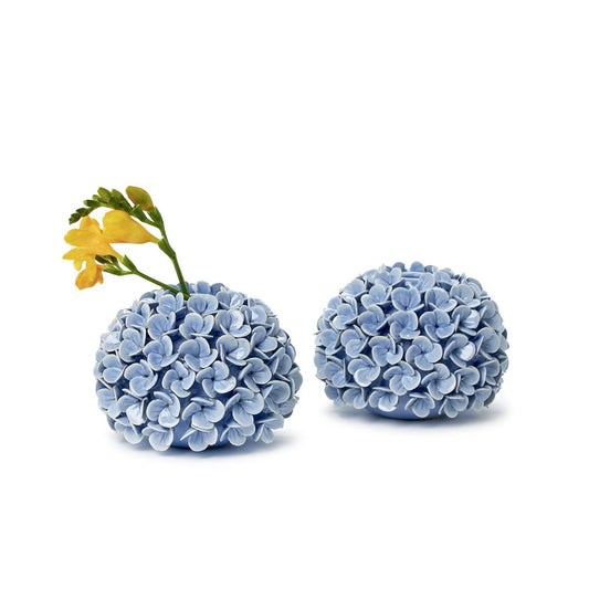 Round light blue Hydrangea bud vase/candle holder with small petal details, sold individually. Sizes available.