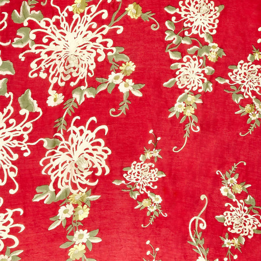 Red scarf with large white chrysanthemums, green leaves, yellow florals, swirling stems. Available in one size.