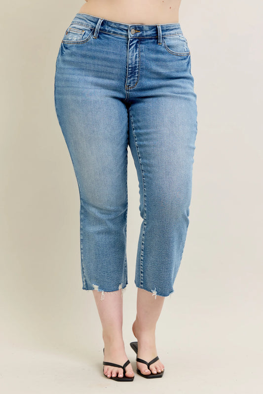 Judy Blue MR Vintage Wash Destroy Hem Kick Flare Jeans, available in sizes 0-20.
