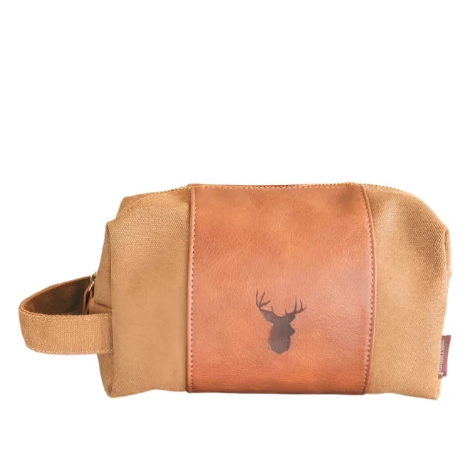 Men's cloth and leather bag with tan and brown panels, left-side handle, deer head detail; available in small, medium, large.