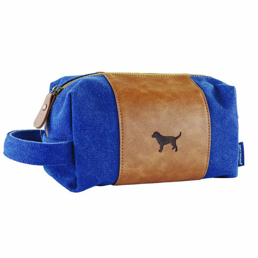 Rectangular blue canvas men's bag with brown leather accents, gold zipper, dog silhouette; sizes: S, M, L.