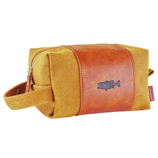Men's Cloth + Leather Bag in mustard yellow with brown leather fish accent, top zipper, side handle. Sizes: S, M, L.