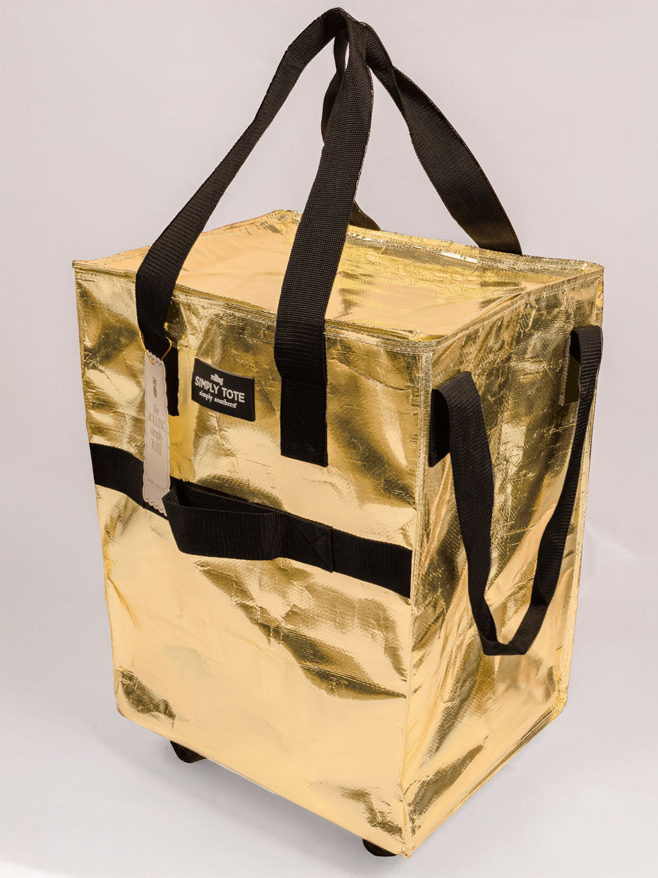 Gold metallic zippered roll tote bag with black handles, shoulder straps, four wheels, and "SIMPLY TOTE" label. Sizes available: Small, Medium, Large.