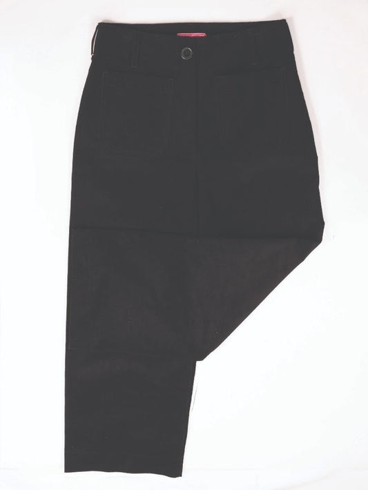 Black Corduroy Cropped Wide Pants with one straight leg, one cut-off above the knee. Available in sizes XS-XL.
