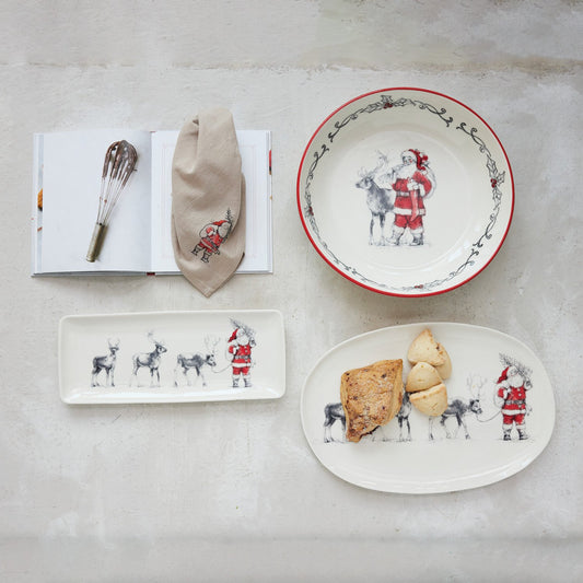 Oval Stoneware Serving Platter with Santa and Reindeer