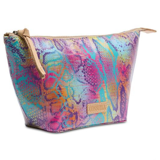 The Steph Tool Kit is a zippered bag with a multicolored abstract pattern, tan zipper pull, and "Consuela" logo patch. Sizes vary.