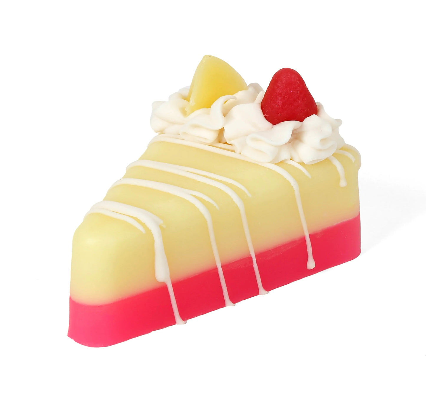 Handmade Artisan Pie Soap Mix: layered pink, yellow, and white slice, whipped cream top, candies, icing. Available in 3oz and 6oz.