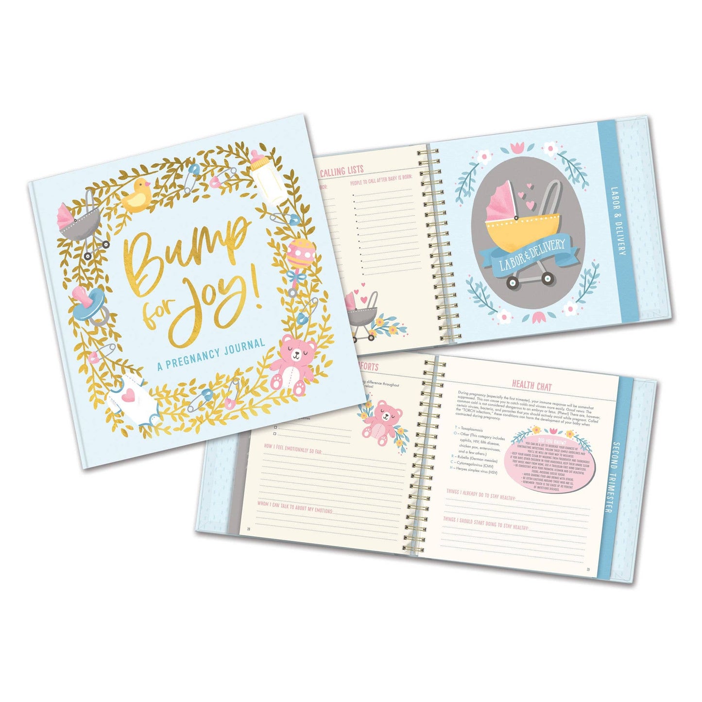 Three pages from Bump for Joy: A Pregnancy Journal (Blue), pastel colors, with notes and lists sections. Size info not shown.