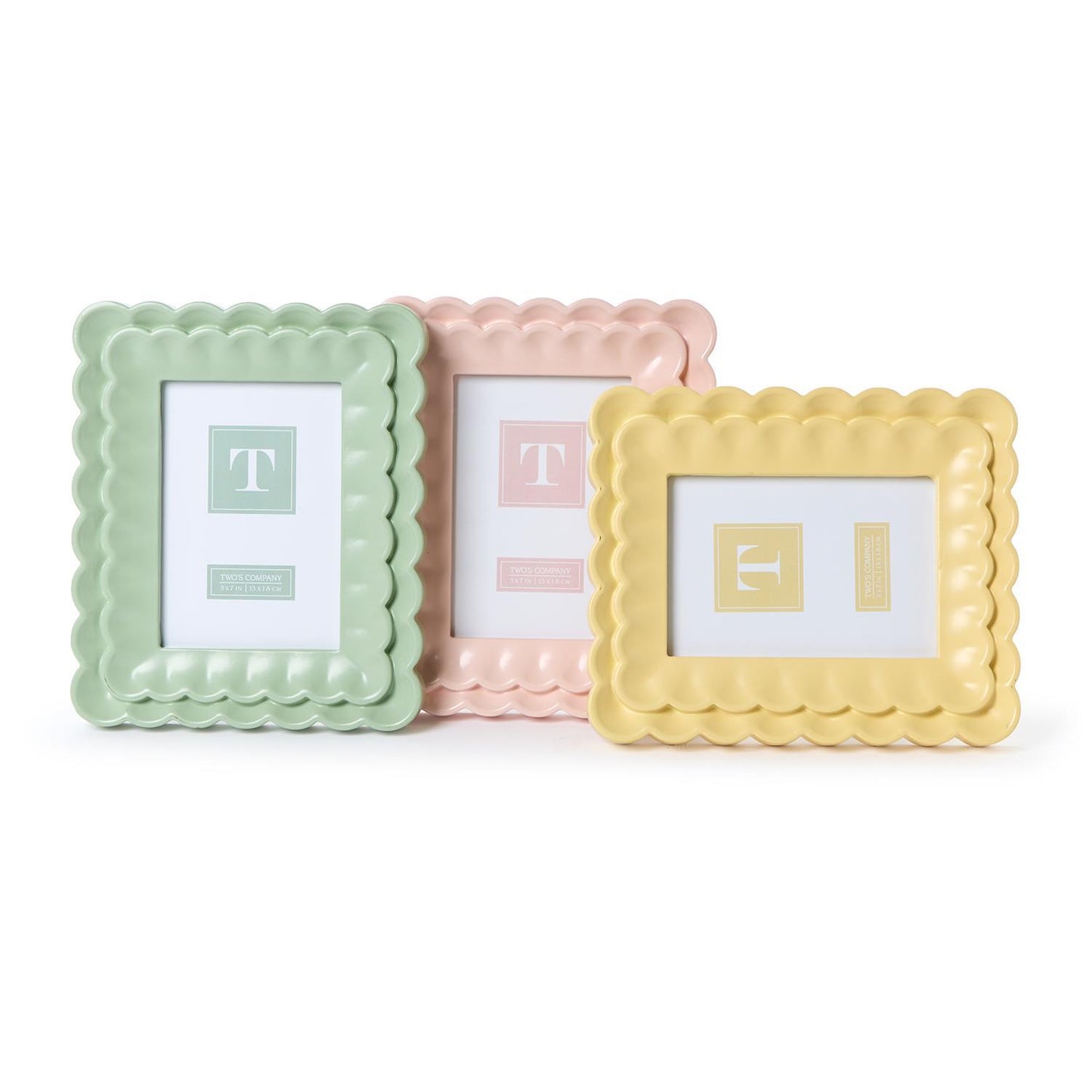 Set of three 5x7 scalloped wood frames in mint green, blush pink, and pale yellow, each with a matching placeholder card.