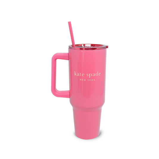 Pink stainless steel tumbler, 40 oz., with handle, lid, straw, and white "kate spade NEW YORK" logo on front.