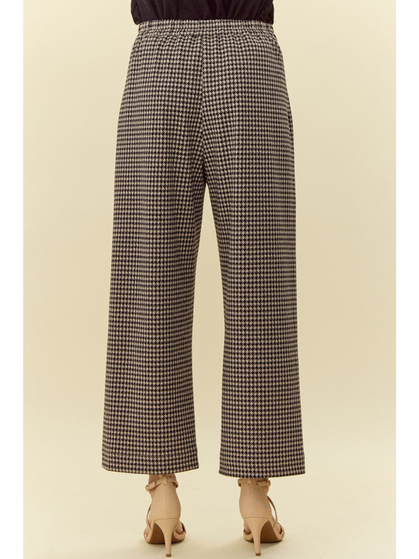 Houndstooth Check Wide Leg Pants, black and white houndstooth pattern, flared legs, high-rise waistline. Sizes available: XS, S, M, L.