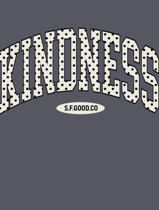 Gray tee with "KINDNESS" in bold, white polka-dot letters and "S.F.GOOD.CO" oval. Available in sizes S-XL.
