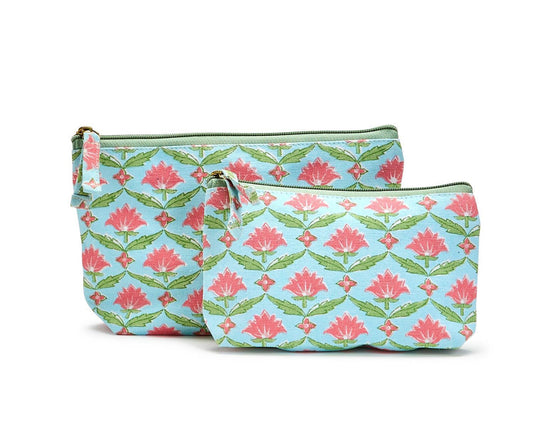Set of two zippered Floral Block Print pouches, light blue with pink flowers and green leaves. Available in two matching sizes.