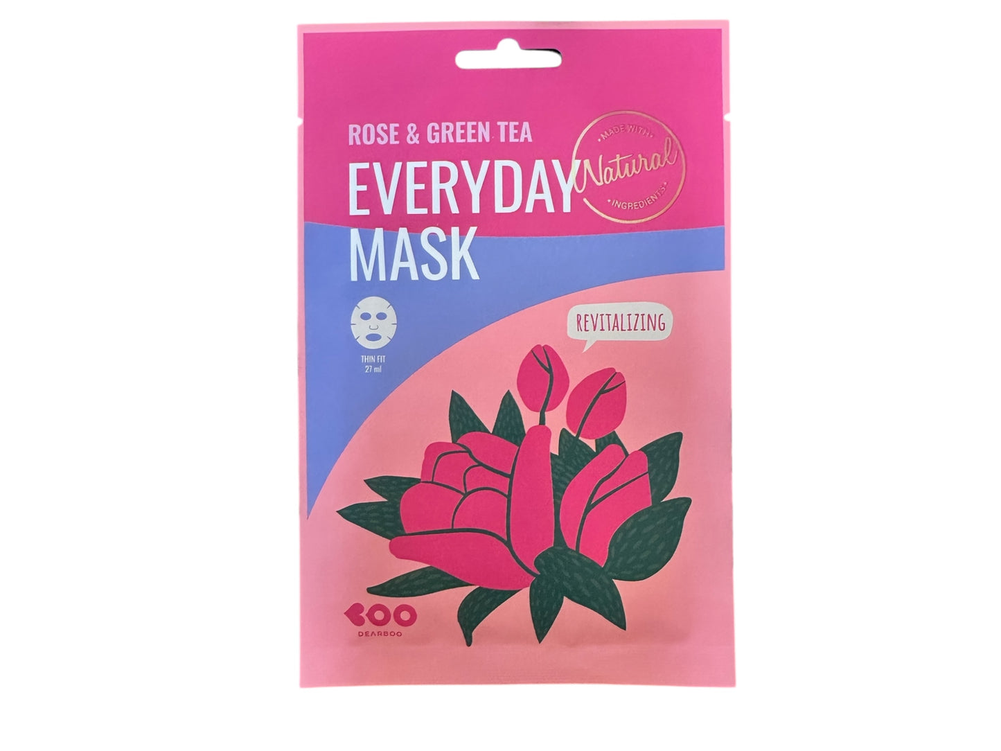 Pink and purple Face Mask pack, labeled “Revitalizing” and “Natural,” with floral design. Sizes: single-use sheets.