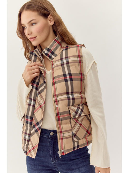 Plaid High Collar Puffer Vest