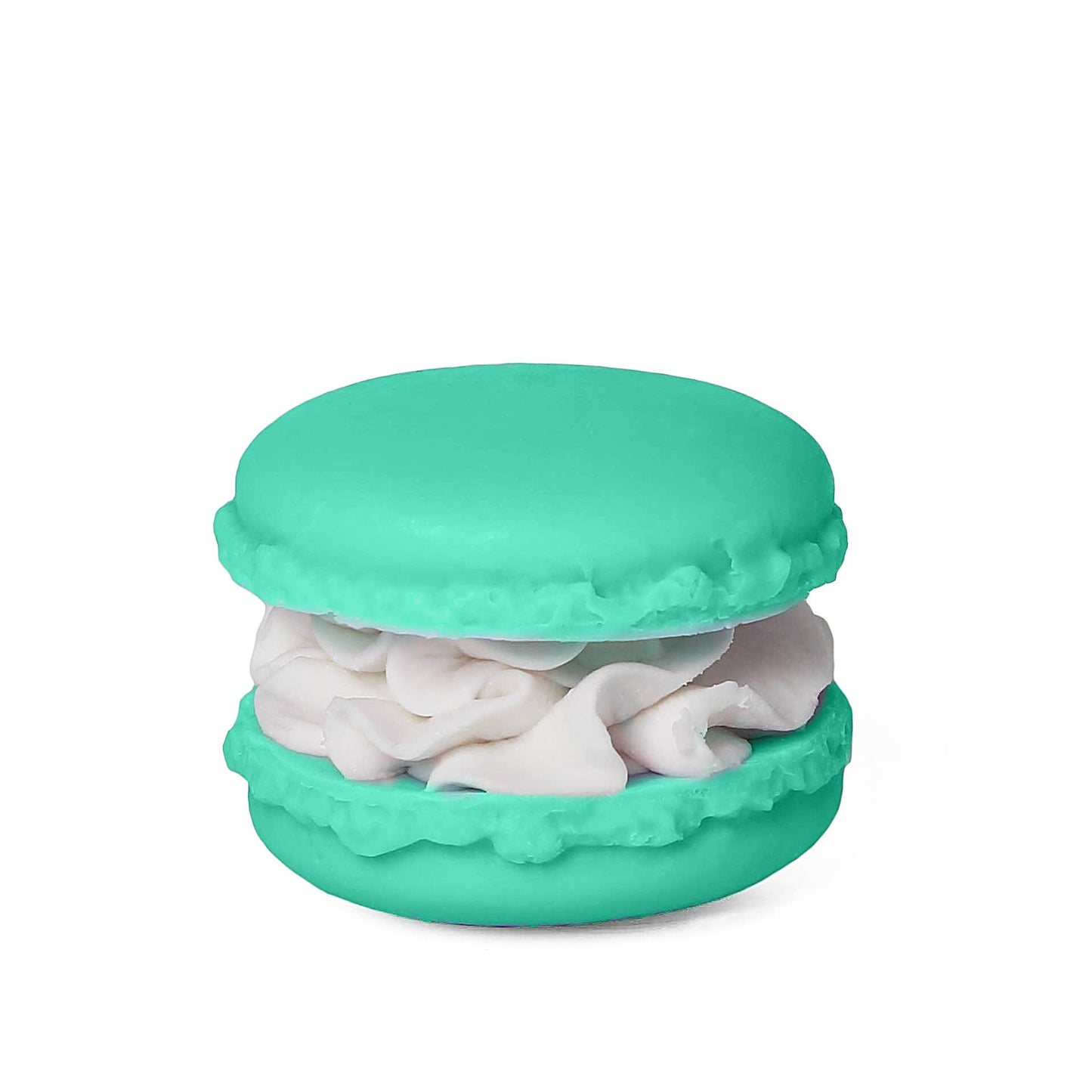Handmade MacBliss Macaron Soap in turquoise with white cocoa shea butter filling; available in small and large sizes.