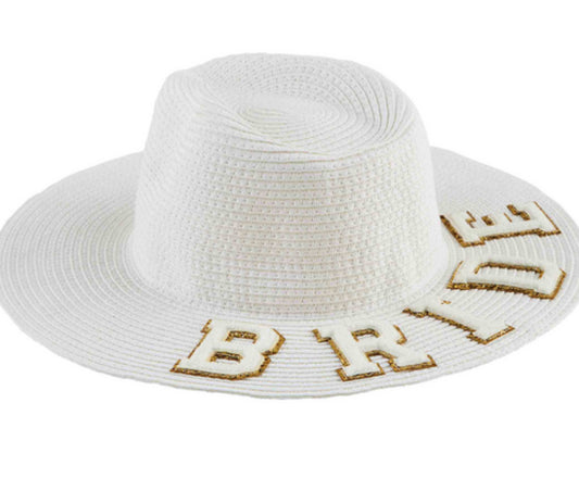 Rod fedora hats come in white as well as tan the white has raised letters that spell BRIDE Bryd and the Tan has raise letters that spell Mrs. MRS