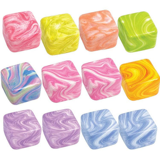 Twelve Fun Doh Swirl Squishy Cubes in marbled colors for stress relief and fidgeting; available in standard cube size.