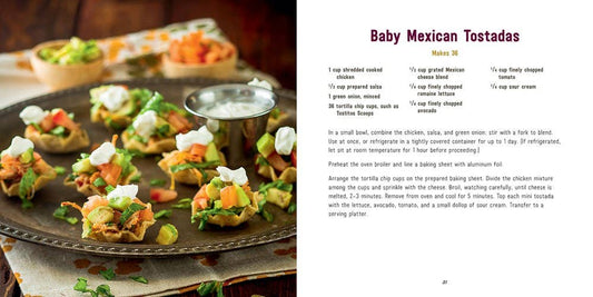 Tray of mini Mexican tostadas topped with vegetables, cheese, and herbs. Available in small party appetizer size.