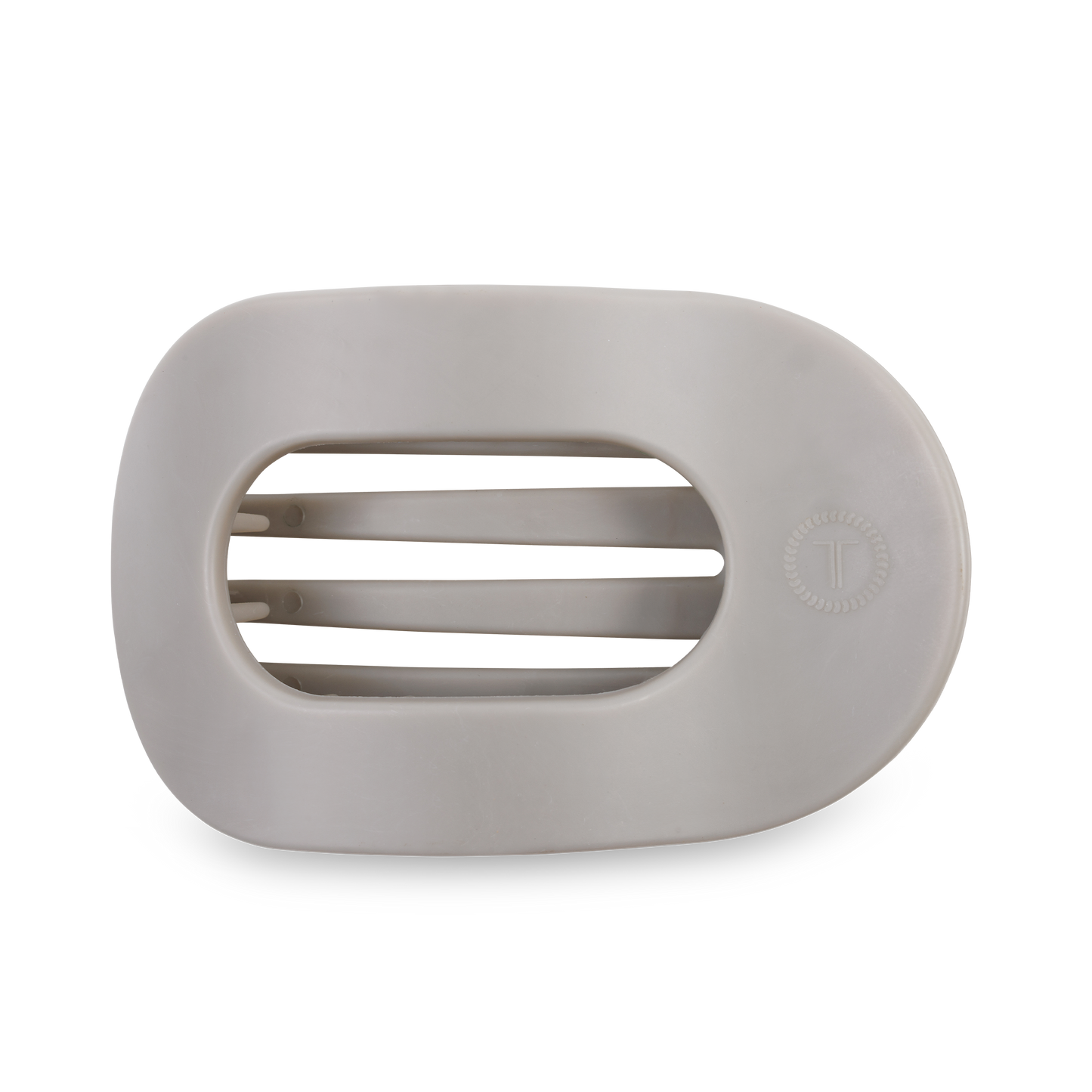 White oval soap dish with three drainage slats and a small circular logo on the right. Sizes available: small, large.