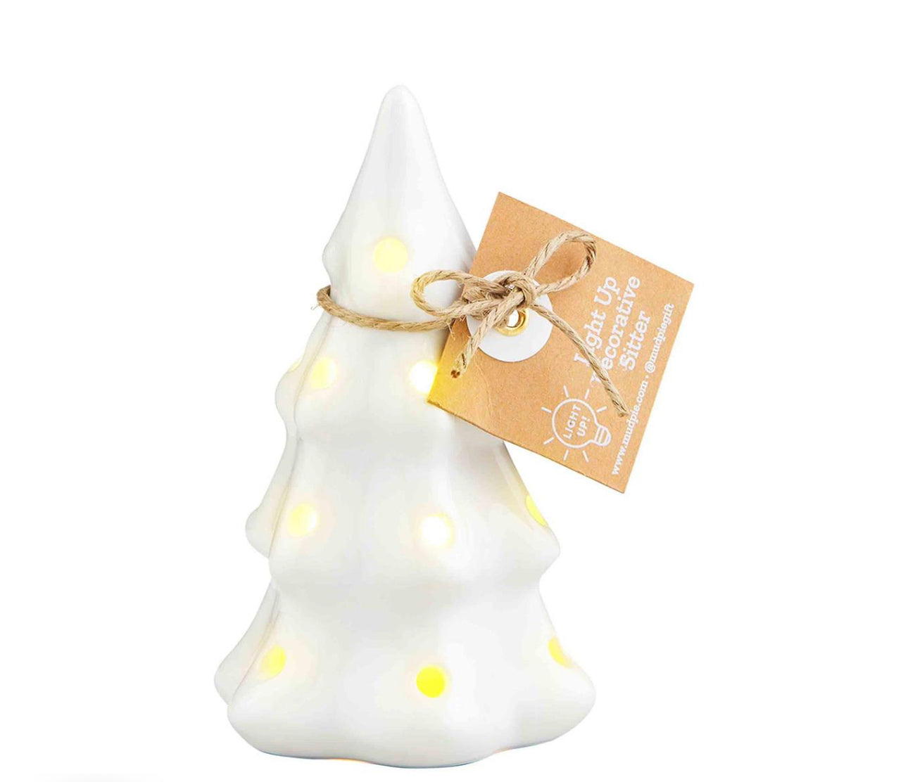Hand-painted white ceramic Christmas tree with small yellow LED lights and a brown twine-tied tag. Available in multiple sizes.