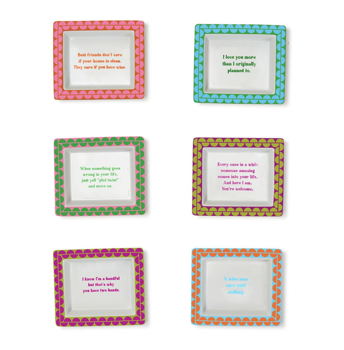 Set of six colorful, square porcelain trays (4"x4") with patterned borders and friendship quotes.
