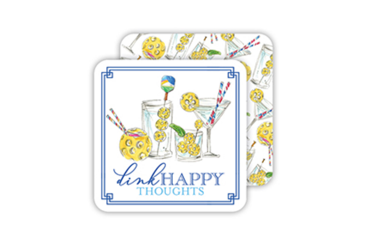 Square Coaster - Handpainted with whimsical illustrations of cocktails, lemon slices, and colorful stirrers. Overlay text: "Drink Happy Thoughts" in blue lettering. Sizes available: 4"x4".