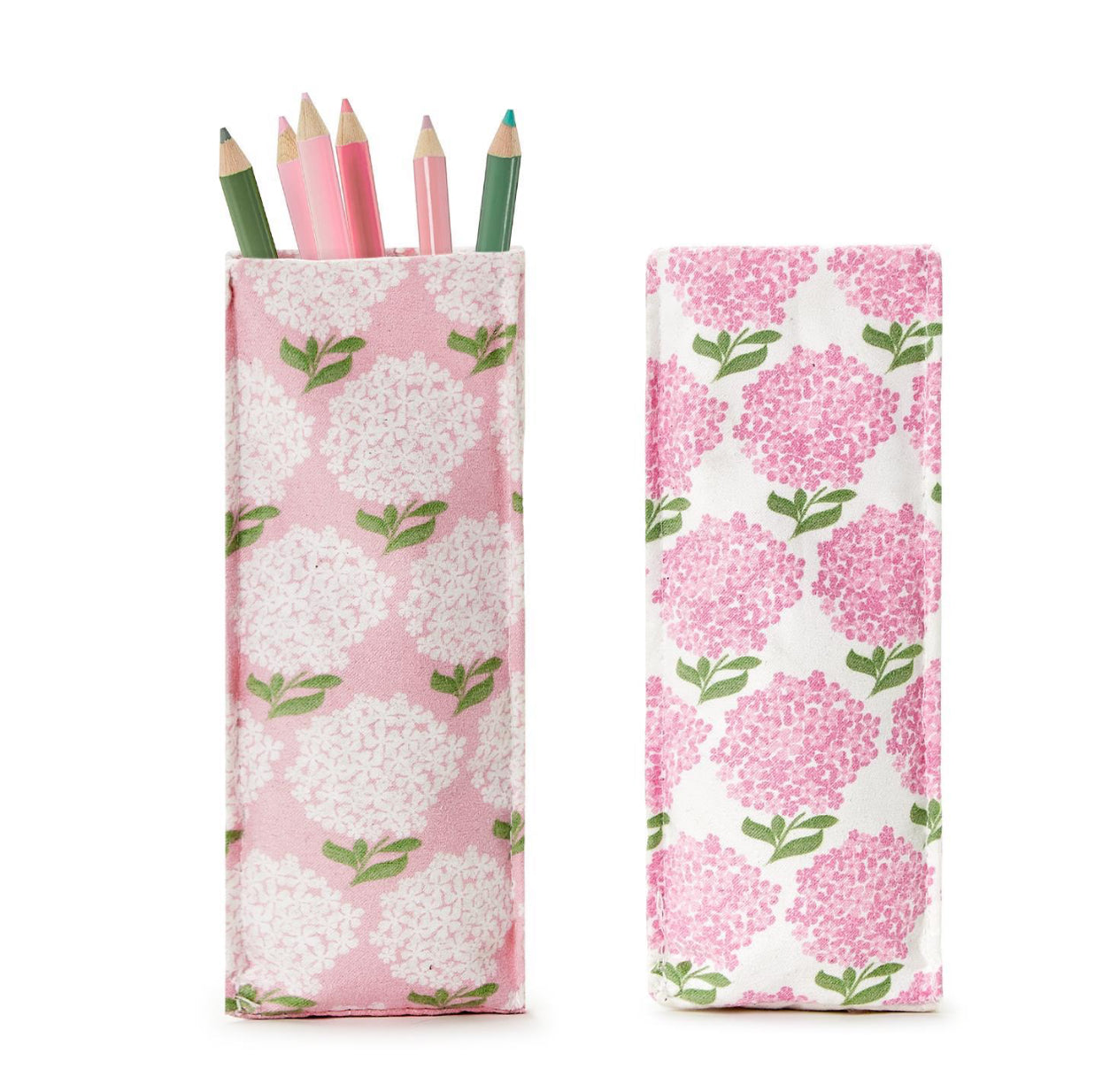 Pink Hydrangea Eyeglass Holder with pink and white floral pattern; upright rectangular shape; available in two sizes.