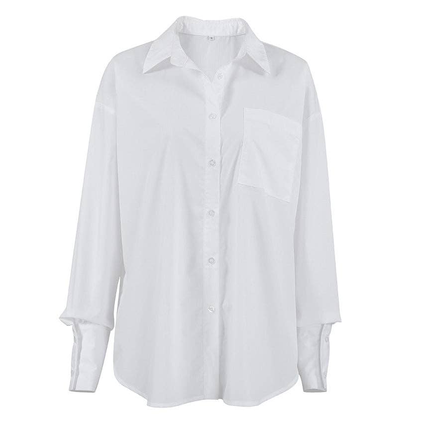 White cotton women's shirt with long sleeves, lapel collar, single chest pocket. Available in sizes S, M, L, XL.