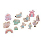 The Wood Princess Toy Set includes pastel wooden princess toys: magnetic carriage, rainbow, animals, castle. Sizes: small, large.