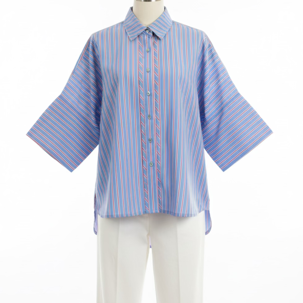 Blue Button-Up Red Stripe Collared Top