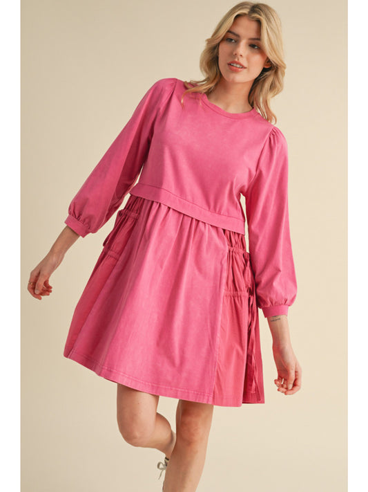 Fuchsia Drawstring Skirt Babydoll Dress