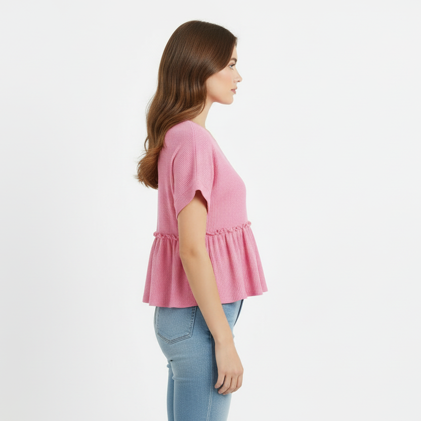Corded Pink Tiered Top with V-neckline; available in sizes XS-XL.