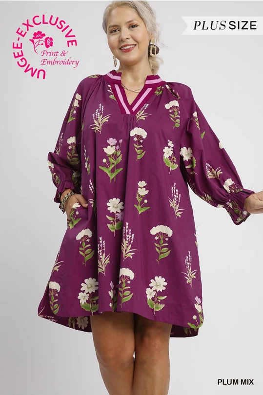Janie Floral Tunic Dress: plus-size, loose-fit plum cotton, long sleeves, floral print, embroidery, above-knee. Sizes: 1X-4X.