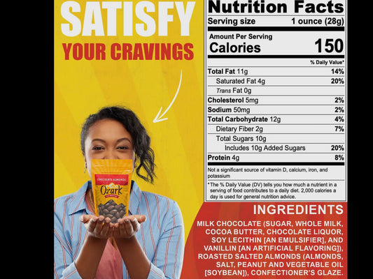 4oz bag of Chocolate Almonds with “Satisfy Your Cravings” text. Nutrition facts and ingredients shown on the right.