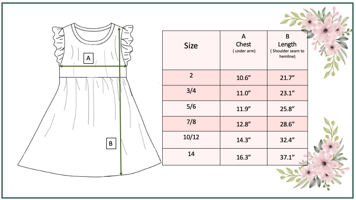 Kids Blue Floral Flutter Sleeve Dress with chest and length guides, available in sizes for ages 2–14.