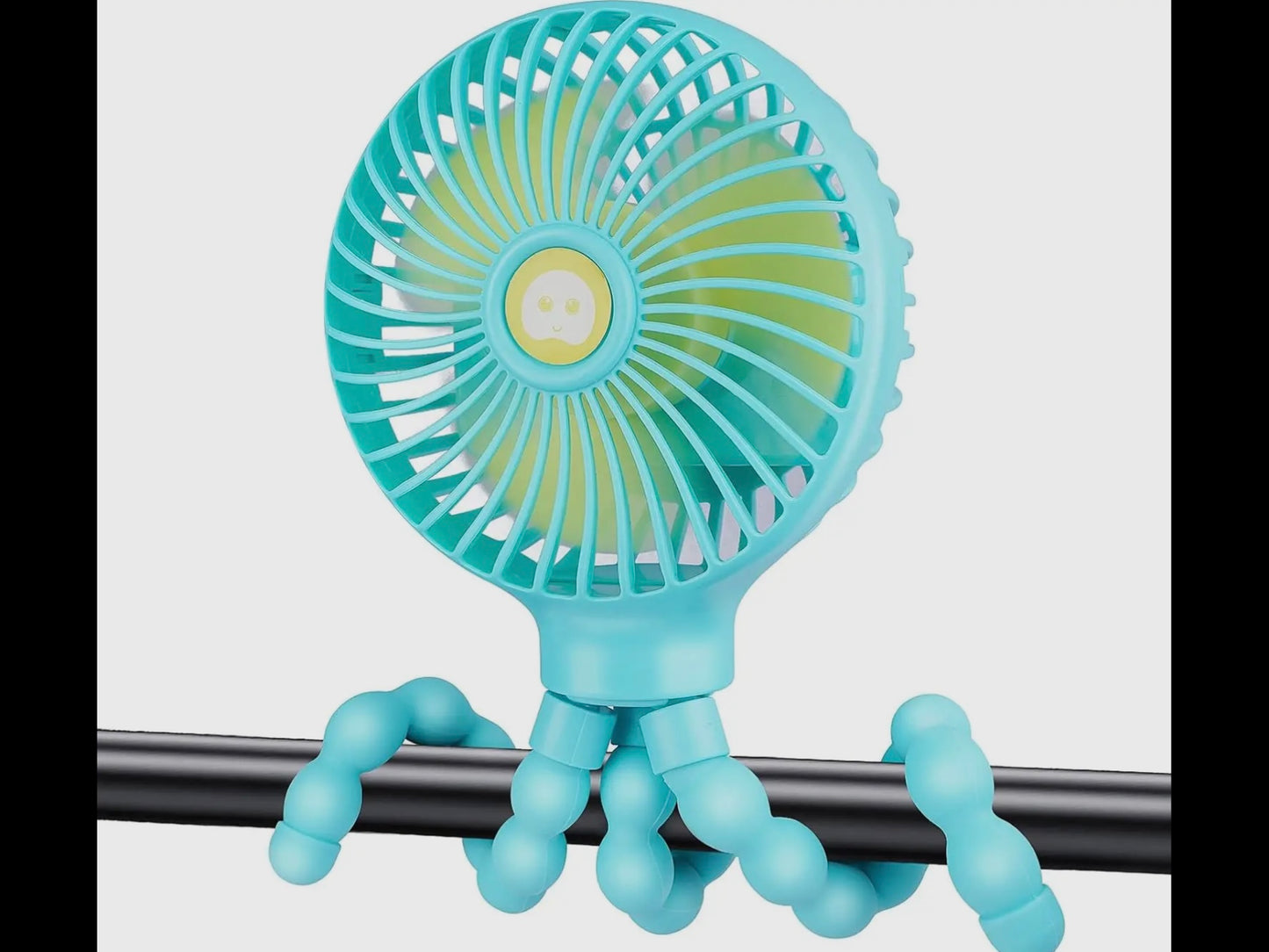 Small blue Portable Tripod Fan with yellow blades, circular grille, and flexible legs. Available in multiple sizes.