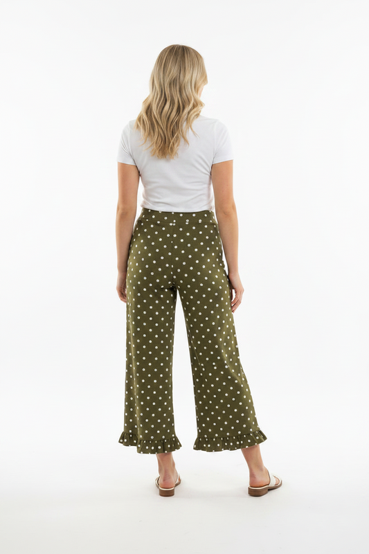 Olive Polka Dot Ruffle Hem Pants; available sizes: XS-XL. Features polka dots and ruffled hems.