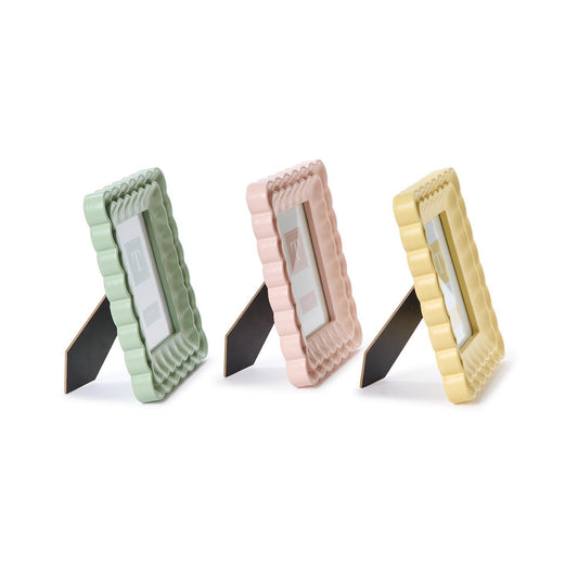 Scalloped Wood Frames, 5x7 size, in green, pink, and yellow with black easel backs.