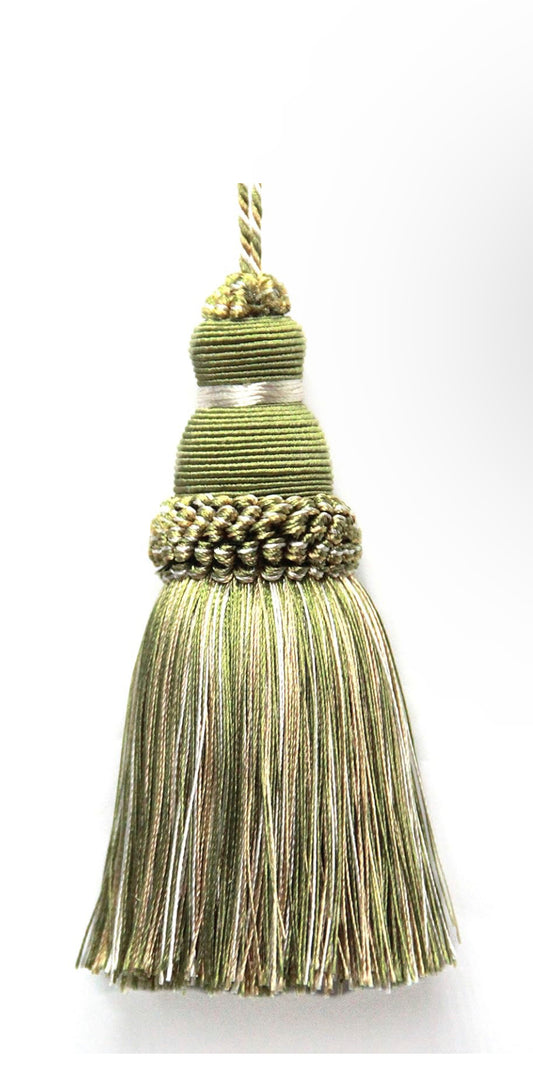 Olive green tassel with twisted cord top, knotted band center, and shiny silky fringe. Available in 2", 4", and 6" sizes.
