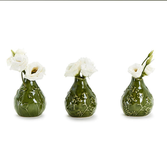 Three green ceramic Floral Scape Bud Vases with textured relief floral designs. Holds single stems. Sizes: Small, Medium, Large.