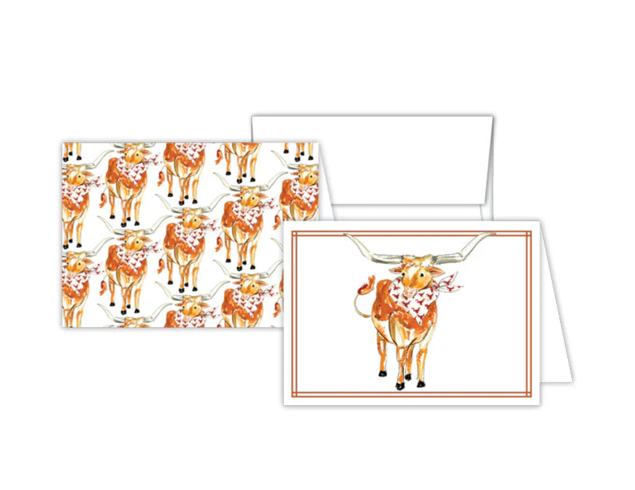 Petite Notes Handpainted stationery set with longhorn cattle illustrations and red floral bandanas. One card with a single longhorn centered, red border; another with repeating longhorn pattern on white. Available sizes: Notecards (A2), Envelopes (4.375" x 5.75").