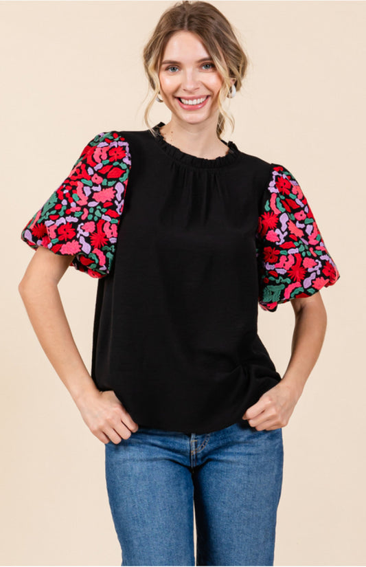The product is a Frilled Floral Top featuring embroidered balloon sleeves. Sizes available range from small to extra-large.